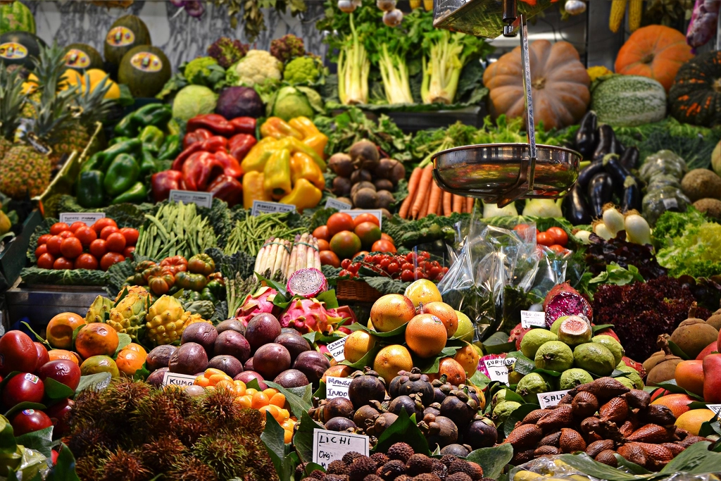 Colorful fruit vegetables market stall